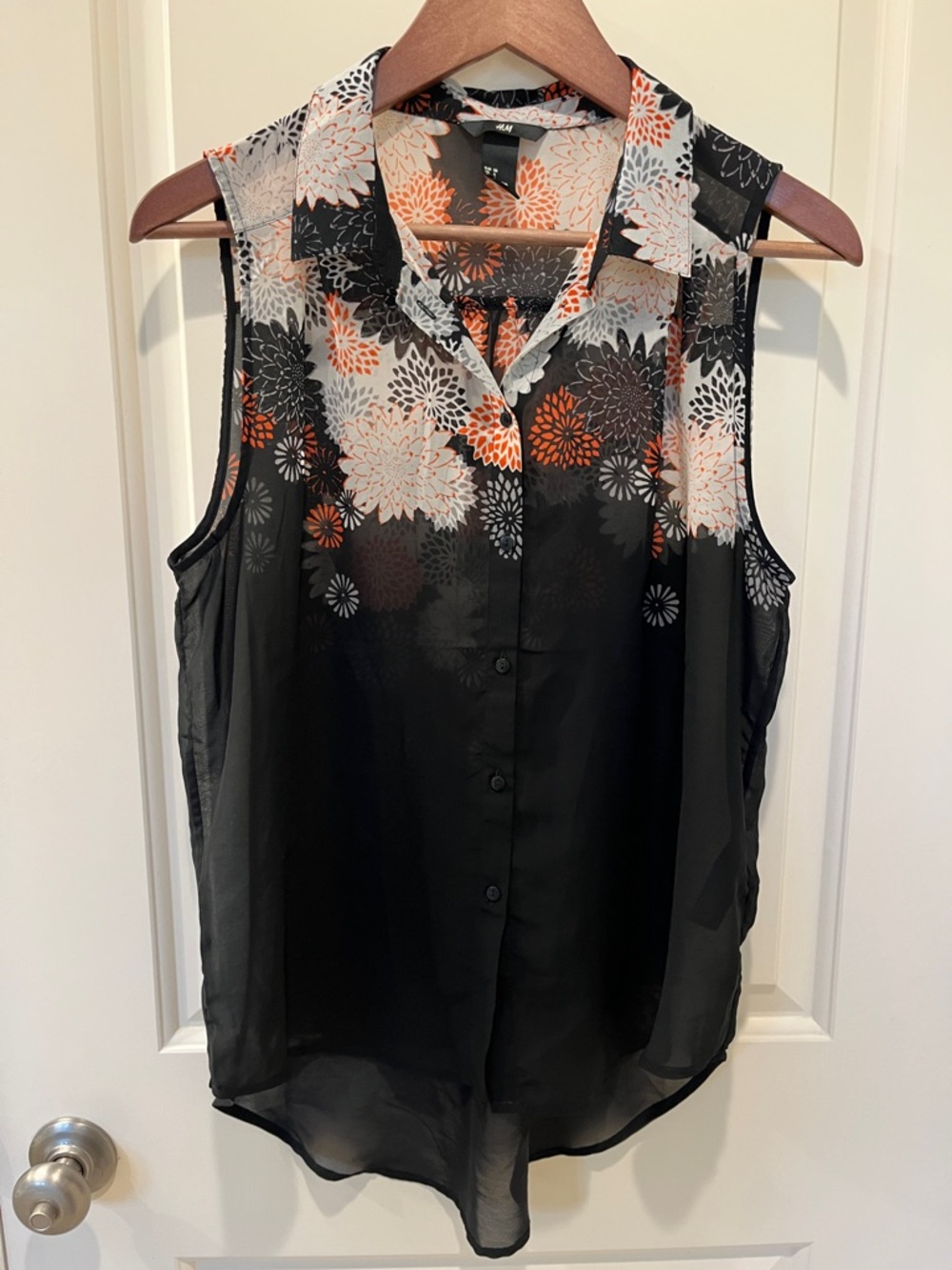 H&M Black Sleeveless sheer Button-Down Shirt with Floral Print